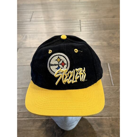 Vtg 90s NFL Drew Pearson Mens Black Yellow Pittsburg Steelers Snapback Hat Cap - Picture 2 of 8